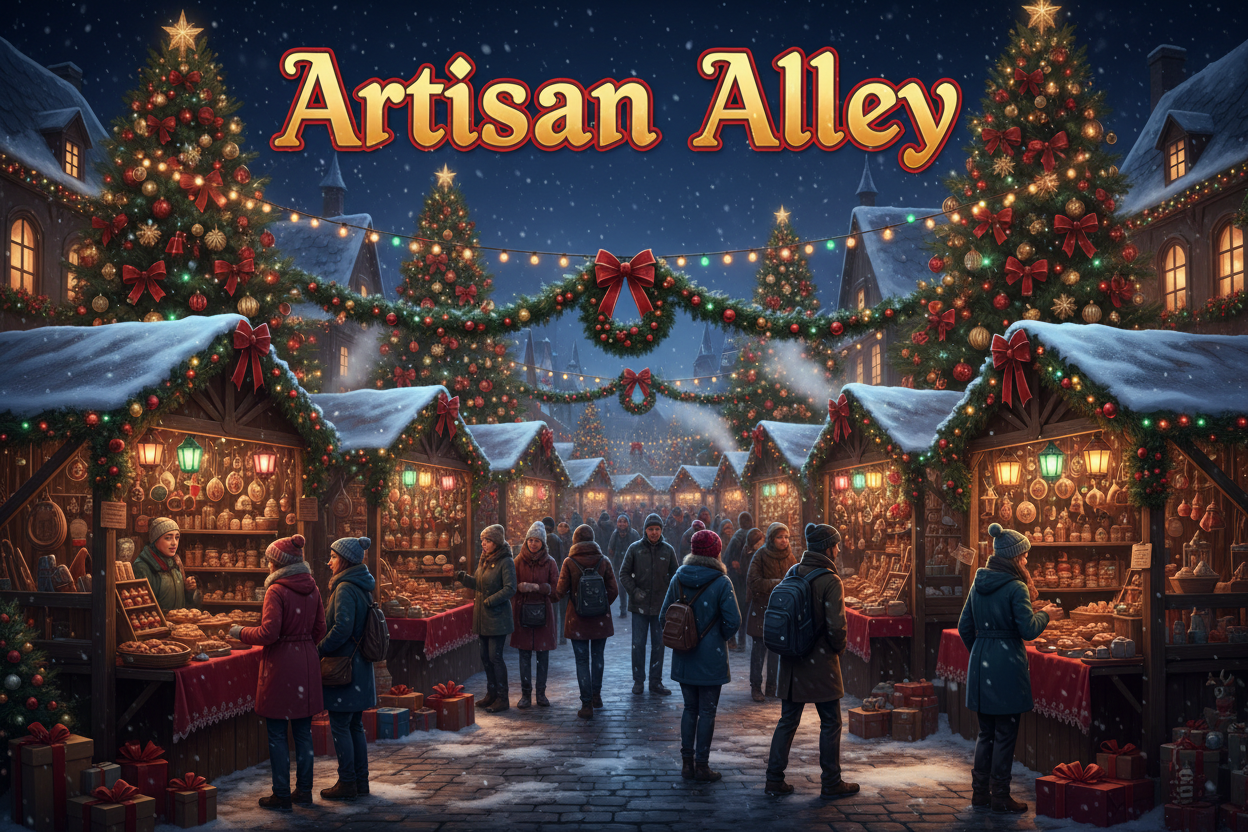 Picture of a night market scene, christmas themed, with the words "Artisan Alley" overlayed in a Large FONT.